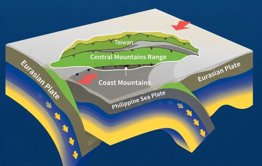 Illustration of the Philippine Sea Plate and Eurasian Plate interacting near Taiwan
