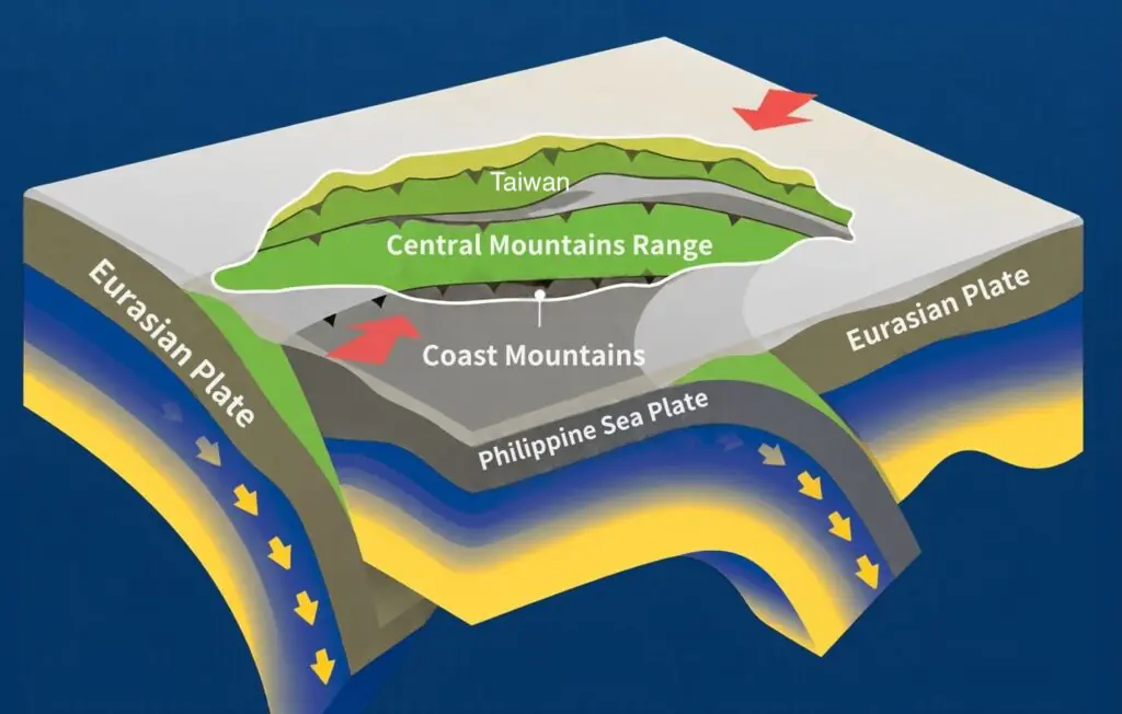 Illustration of the Philippine Sea Plate and Eurasian Plate interacting near Taiwan